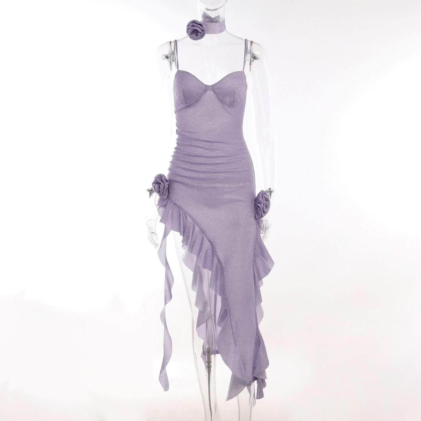 Sweetheart neck ruffle flower applique slit cami midi dress