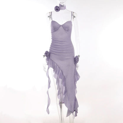 Sweetheart neck ruffle flower applique slit cami midi dress