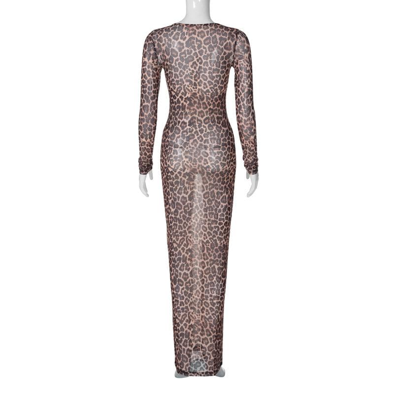 Long sleeve leopard print crewneck sheer mesh maxi dress