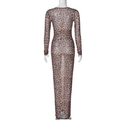 Long sleeve leopard print crewneck sheer mesh maxi dress
