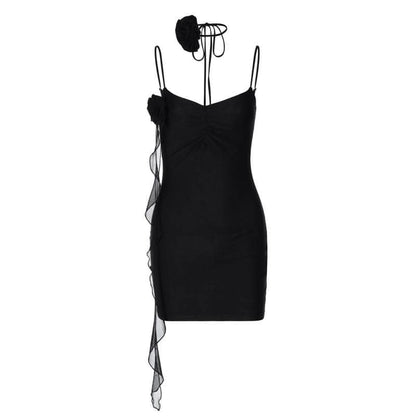 Flower applique solid backless v neck ribbon cami mini dress-final-sale