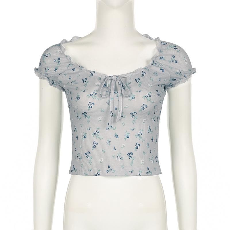 Short sleeve knotted ruffle ribbed print top