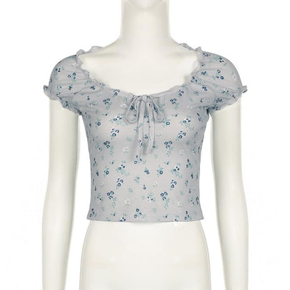 Short sleeve knotted ruffle ribbed print top