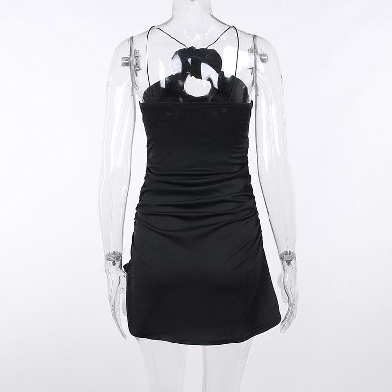 Ruched flower applique hollow out backless slit cut out mini dress