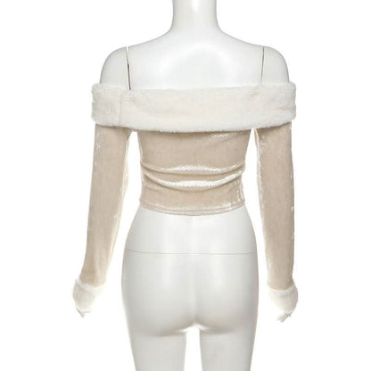 Off shoulder long sleeve fluffy zip-up solid top