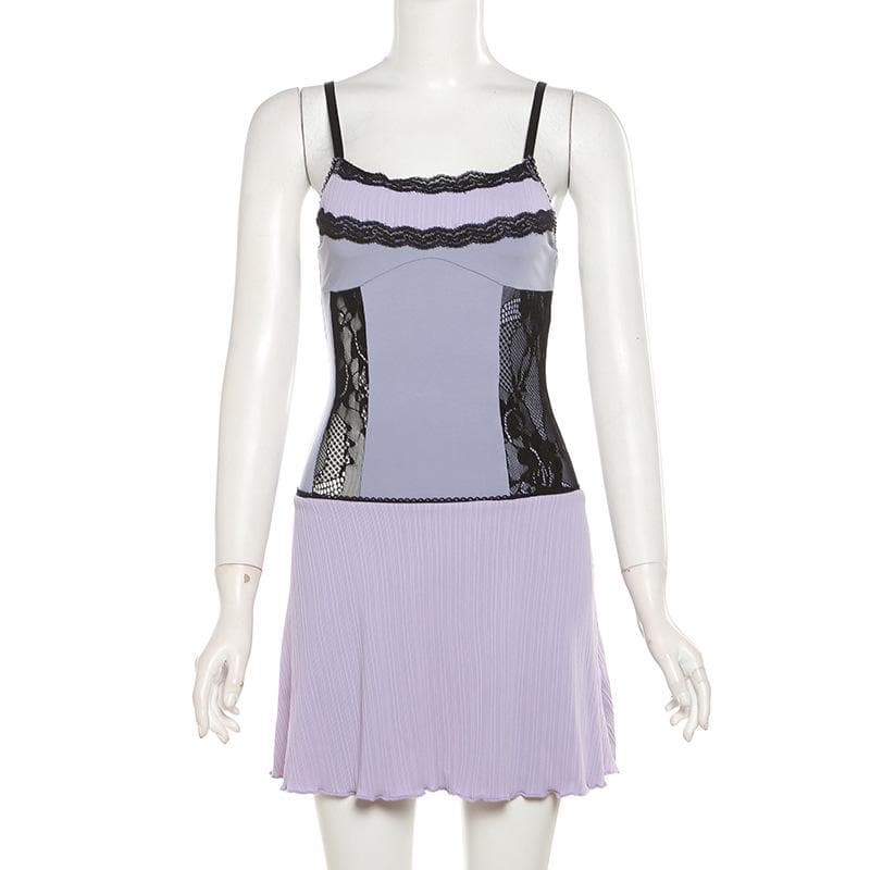 Lace ruffle patchwork ribbedribbed cami mini dress