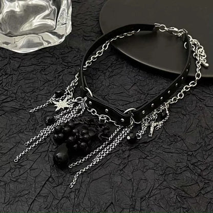Heart pendant PU leather tassels choker necklace