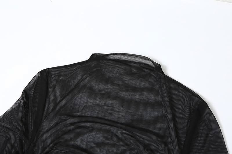 Long sleeve mesh see through ruched maxi dress