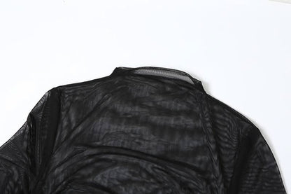 Long sleeve mesh see through ruched maxi dress