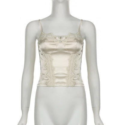 Satin lace hem stitch bustier bowknot solid cami top