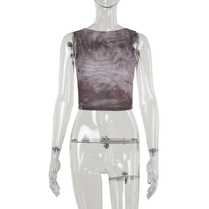Lace hem tie dye backless contrast top