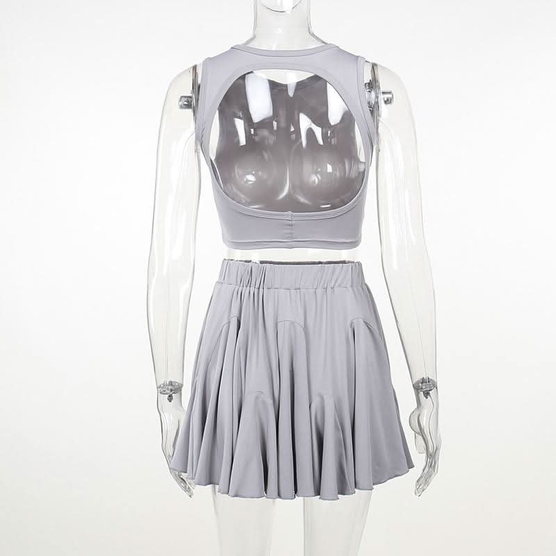 Crewneck ruched backless solid mini skirt set