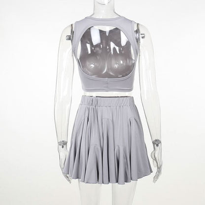 Crewneck ruched backless solid mini skirt set