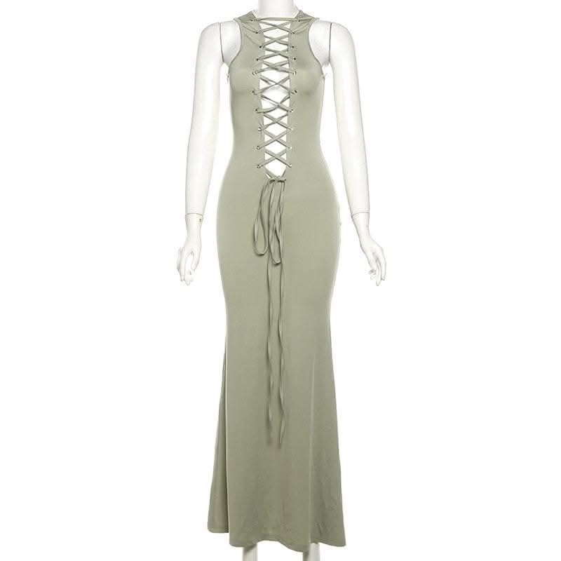 Deep v neck lace up solid tank maxi dress-final-sale