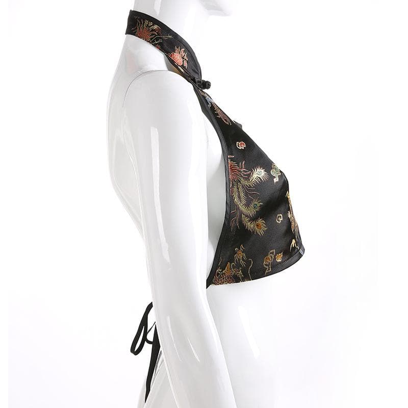 Halter hollow out dragon embroidery crop cut out top
