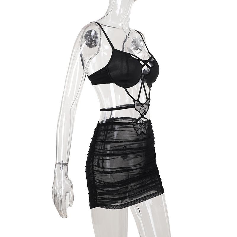 Cross front butterfly mesh hollow out cami cut out mini dress