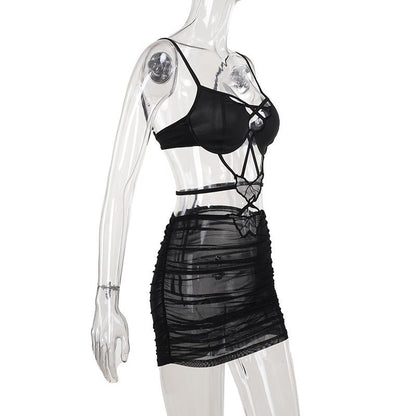 Cross front butterfly mesh hollow out cami cut out mini dress