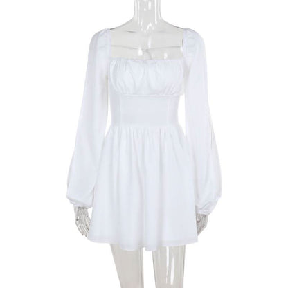 Long sleeve self tie square neck smocked mini dress