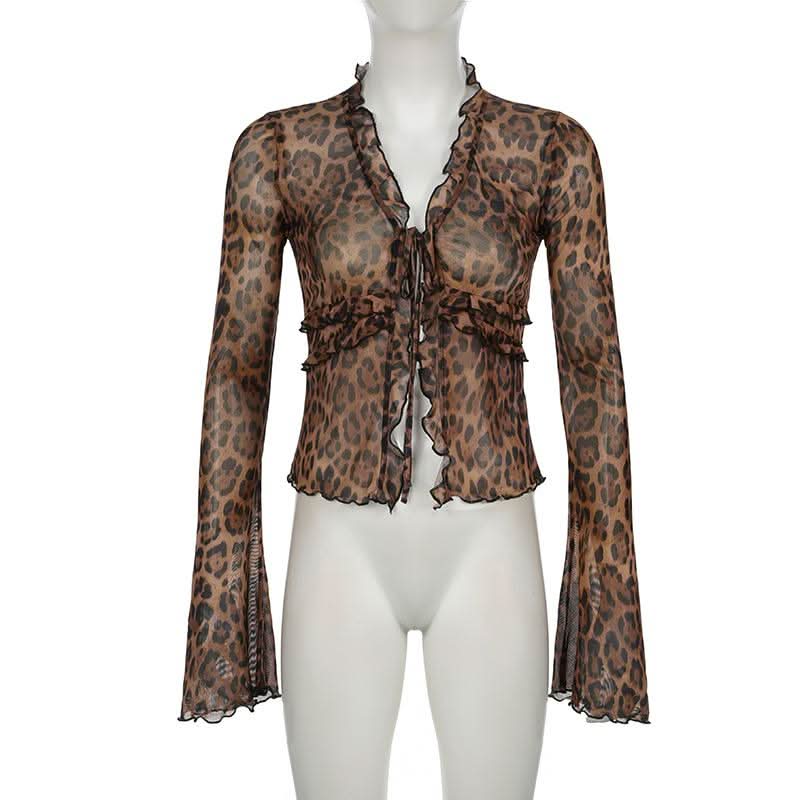 Leopard print long flared sleeve mesh ruffle self tie top