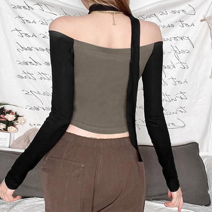 Butterfly pattern contrast off shoulder long sleeve top-final-sale