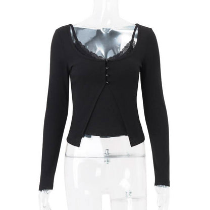 U neck long sleeve lace hem 2 piece cami top