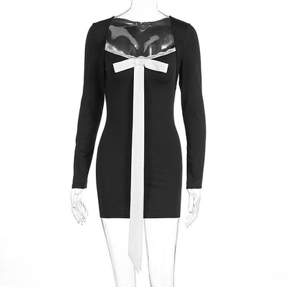 Bowknot long sleeve lace hem v neck mini dress