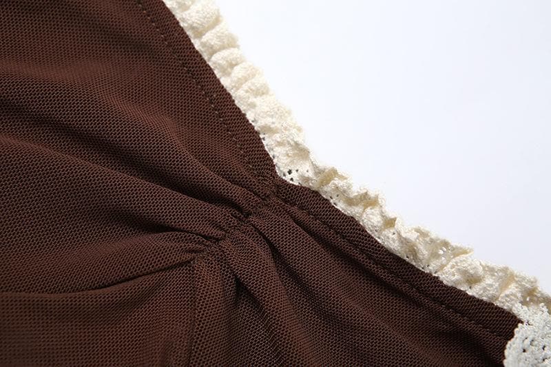 Flower applique lace hem mesh irregular cami top