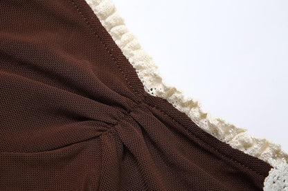 Flower applique lace hem mesh irregular cami top