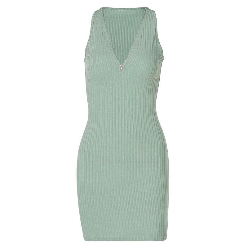 Ribbed Zip Front Deep V Halter Neck Bodycon Mini Dress