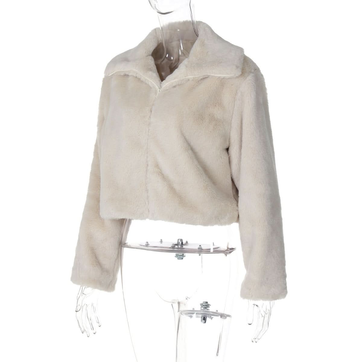 Turnover collar long sleeve fluffy zip-up top