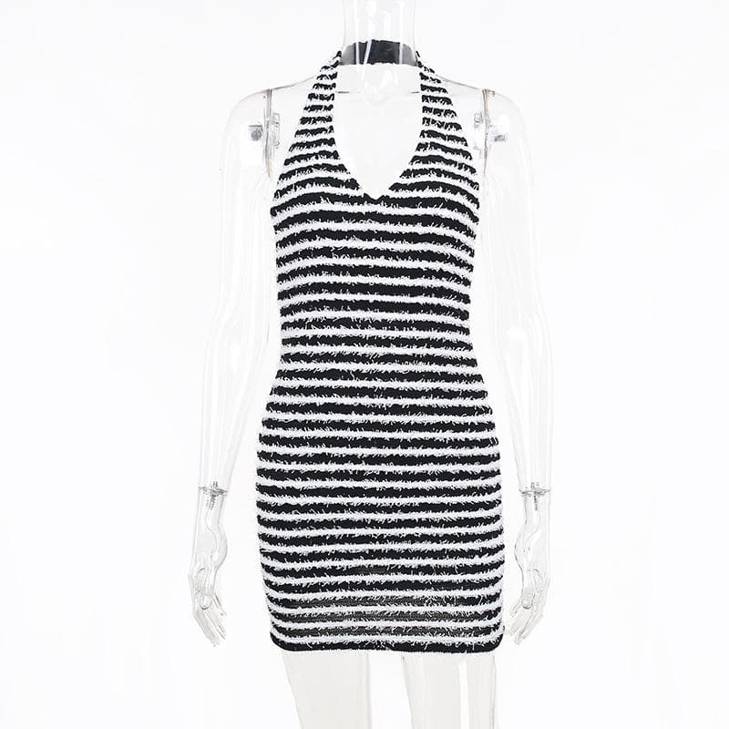 Contrast Striped Fuzzy Knit Halter Neck Backless Bodycon Mini Dress