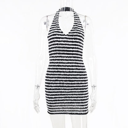 Contrast Striped Fuzzy Knit Halter Neck Backless Bodycon Mini Dress