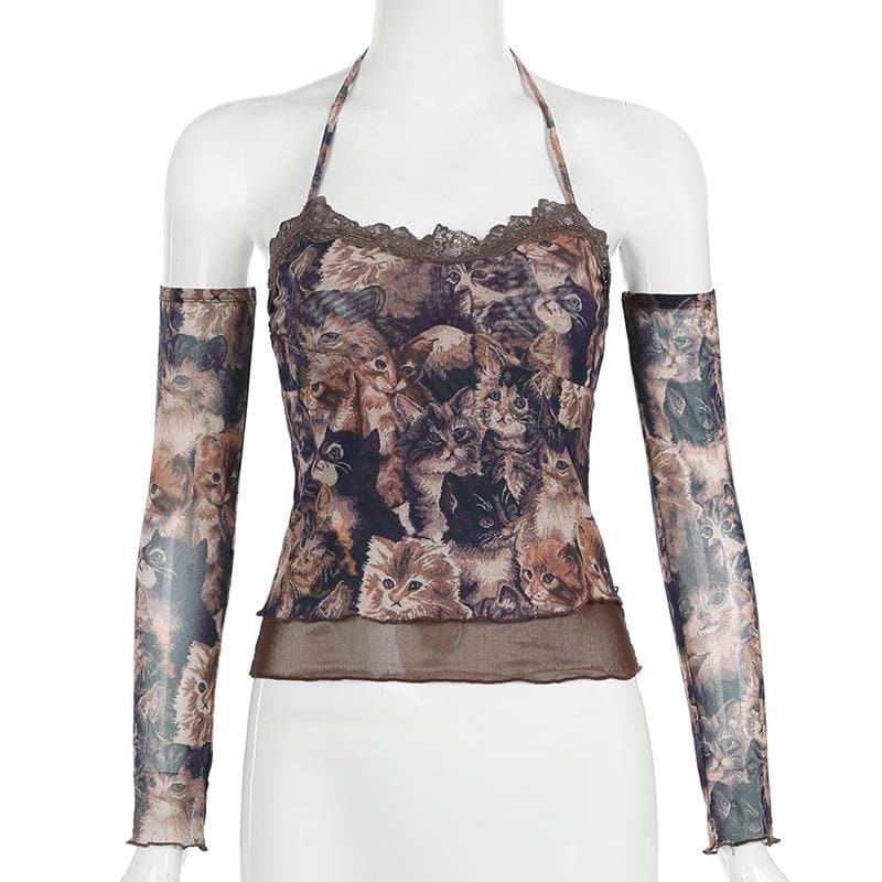 Halter gloves cat print lace hem top
