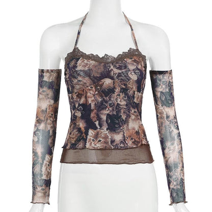 Halter gloves cat print lace hem top