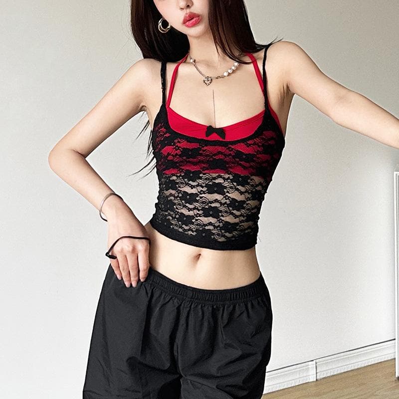 Halter lace bowknot 2 piece top