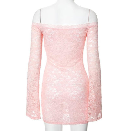 Long flared sleeve off shoulder lace see through mini dress