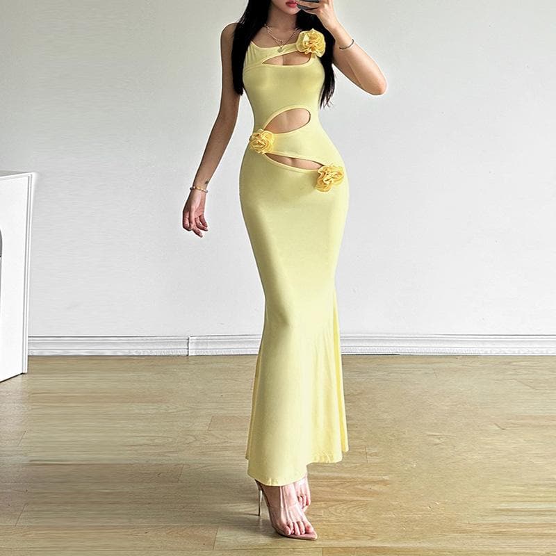 Hollow out rose applique solid cami cut out maxi dress