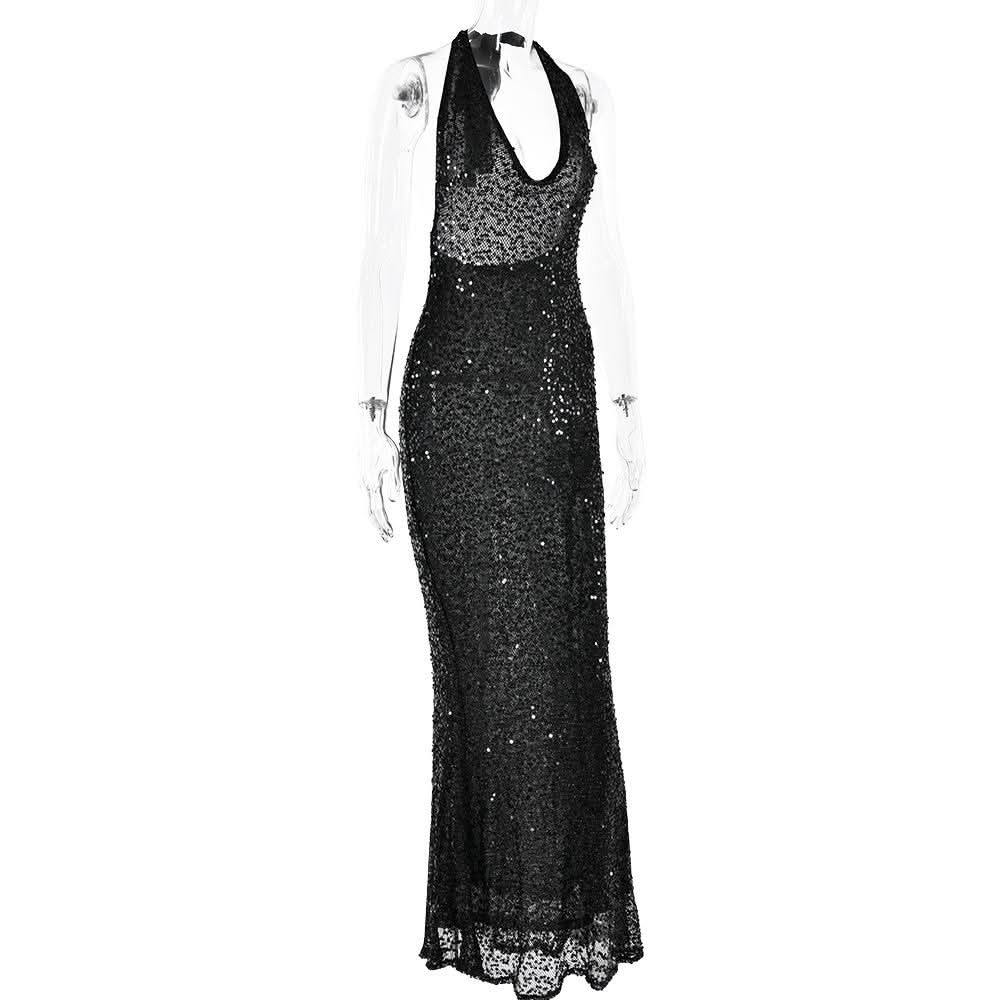 Halter self tie glitter u neck low cut backless maxi dress
