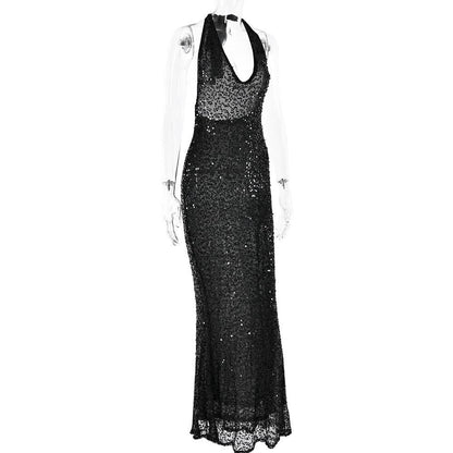 Halter self tie glitter u neck low cut backless maxi dress