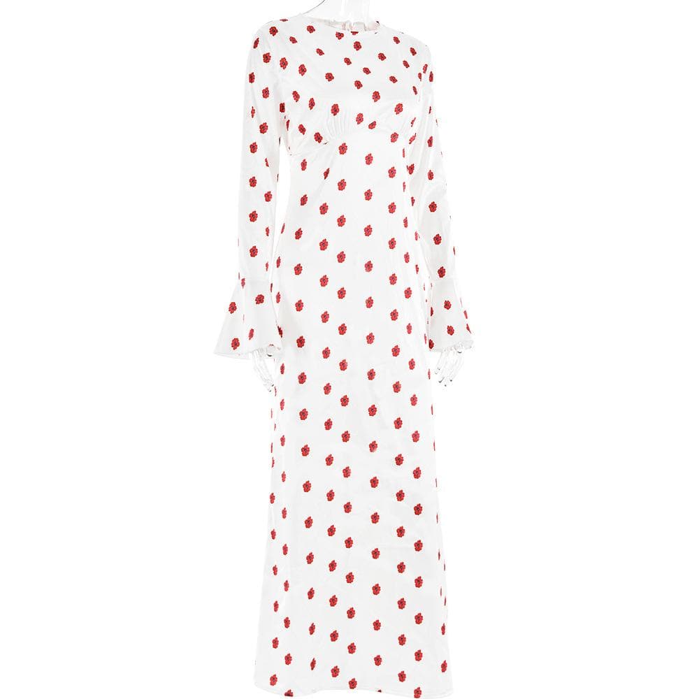 Long flared sleeve flower print zip-up maxi dress