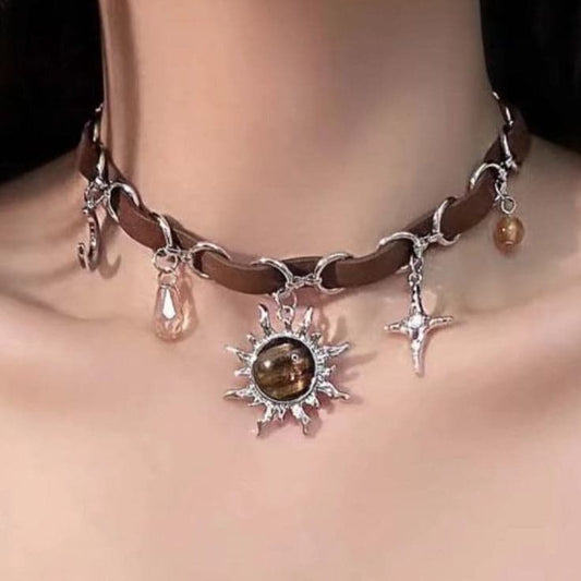 The sun moon cross o ring PU leather choker necklace
