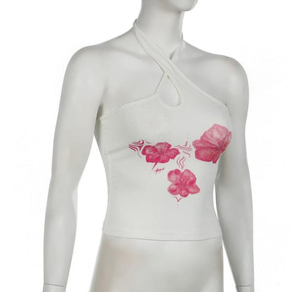 Halter hollow out flower print backless cut out top