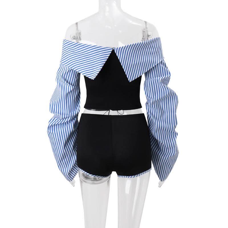 Long sleeve ruched striped off shoulder pant set