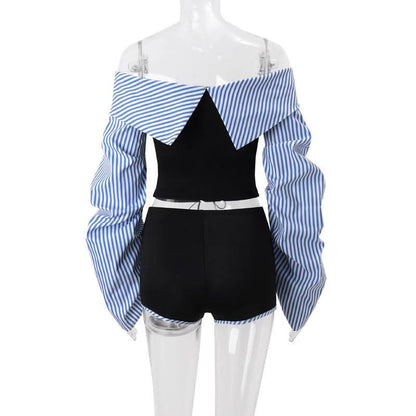 Long sleeve ruched striped off shoulder pant set