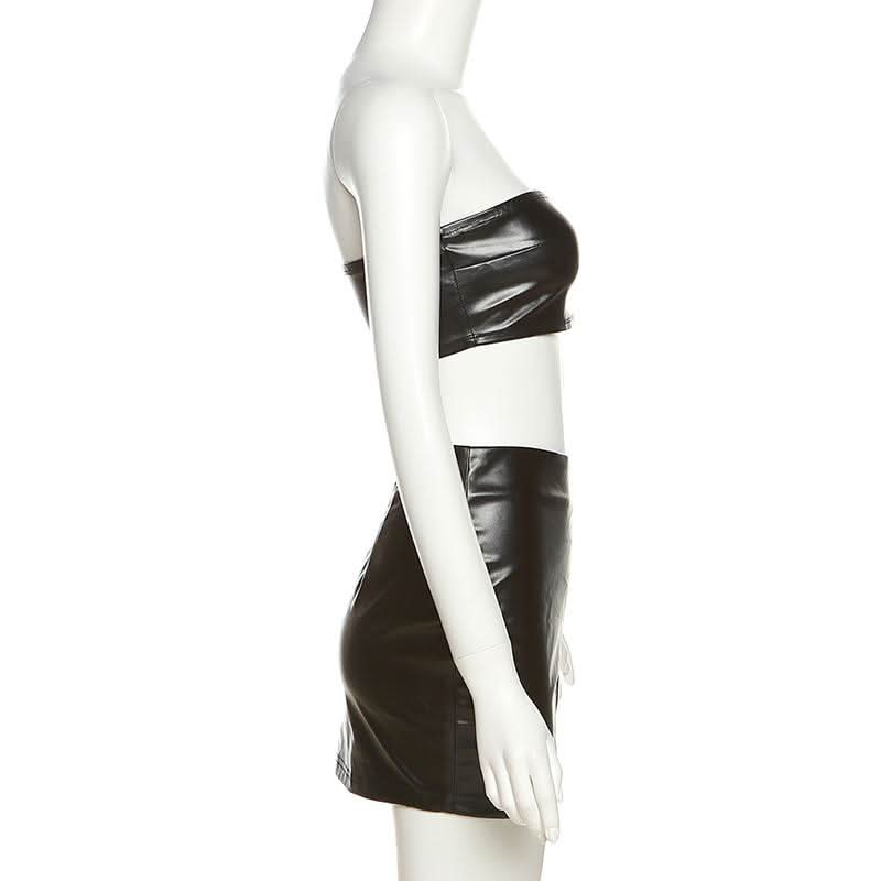 PU leather zip-up tube short pant set