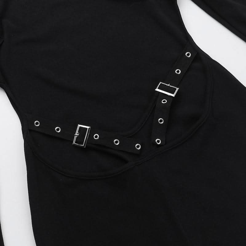 Long sleeve hollow out buckle crewneck cut out maxi dress