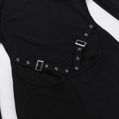 Long sleeve hollow out buckle crewneck cut out maxi dress