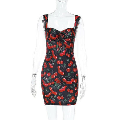 V neck cherry print backless mini dress