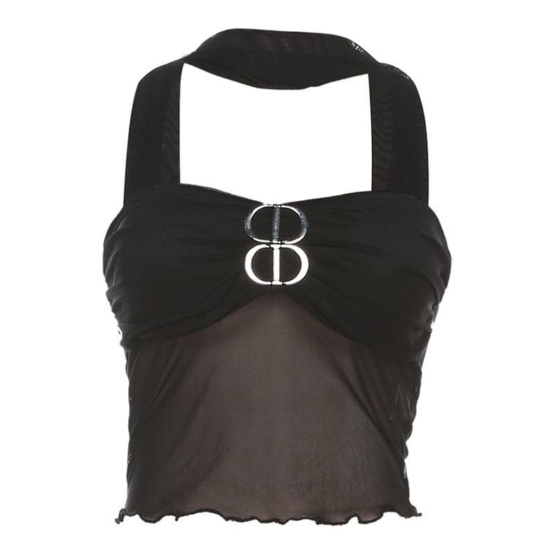 Buckle mesh ruffle halter backless low cut crop top