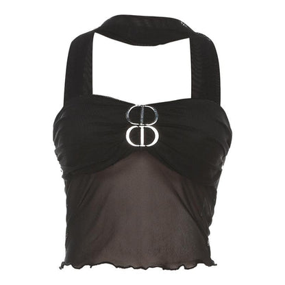 Buckle mesh ruffle halter backless low cut crop top